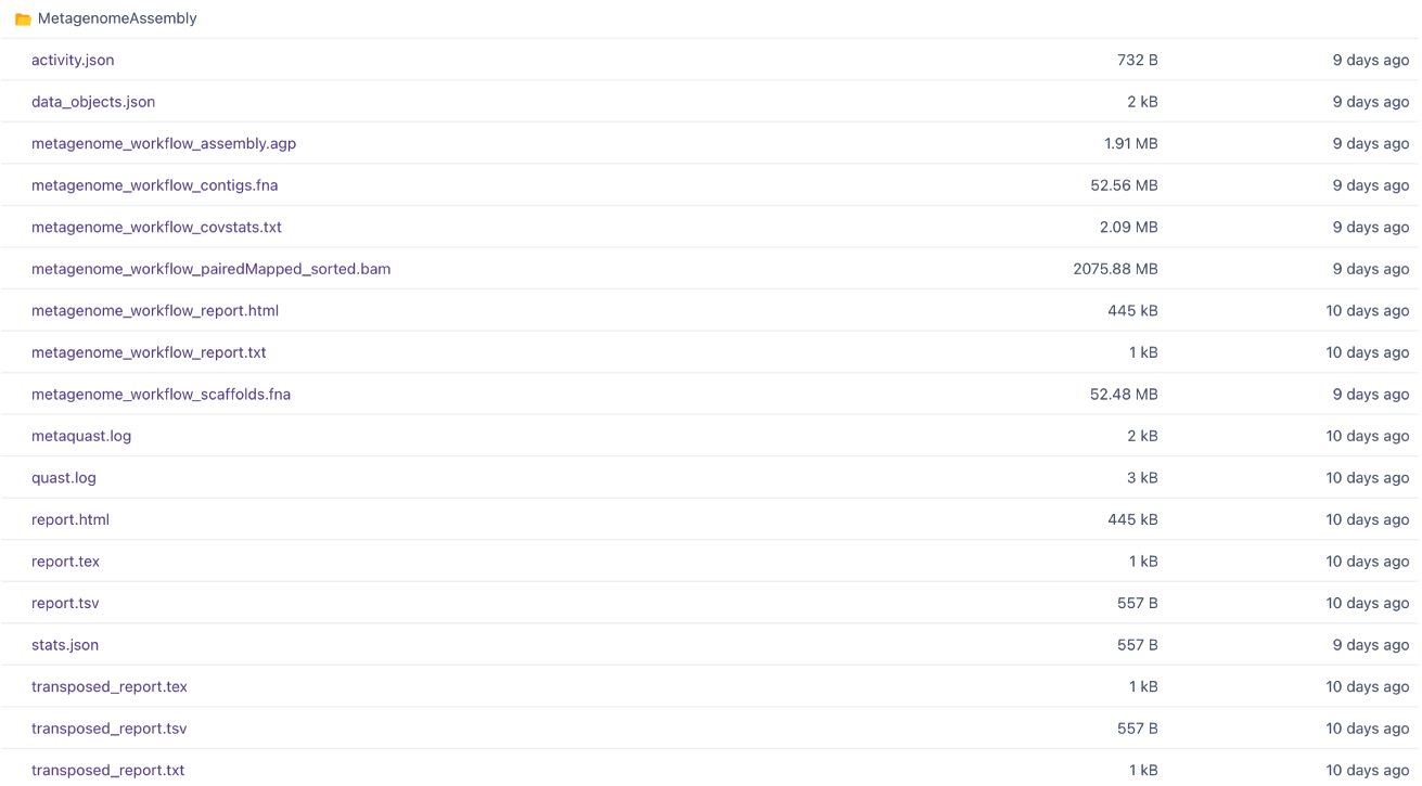 Download section dropdown with clickable file names for downloading the workflow outputs.
