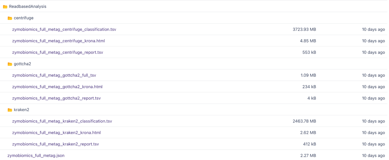 Download section dropdown with clickable file names for downloading the workflow outputs.
