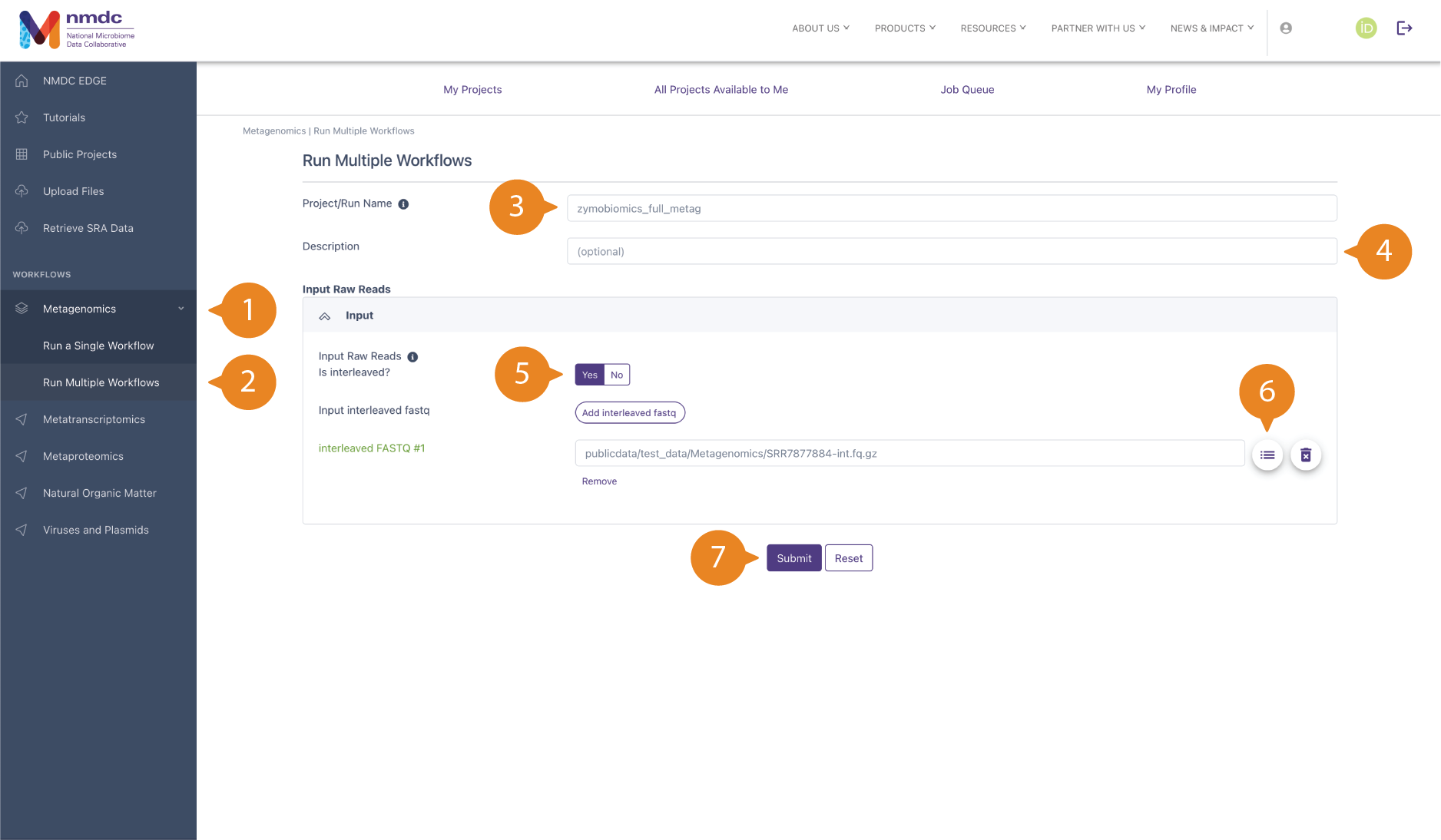 "Run Multiple Workflows" submission page with bubbles labeled 1 through 7 pointing at different clickable buttons and typeable fields