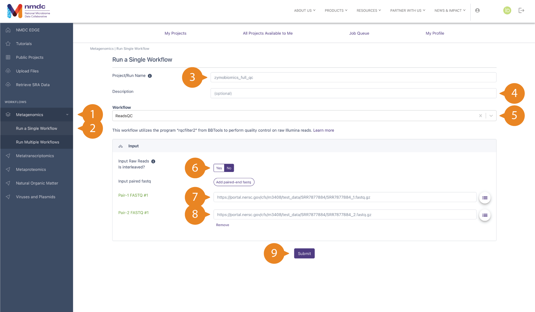 "Run a Single Workflow" page with fields filled out for a non-interleaved ReadsQC run.