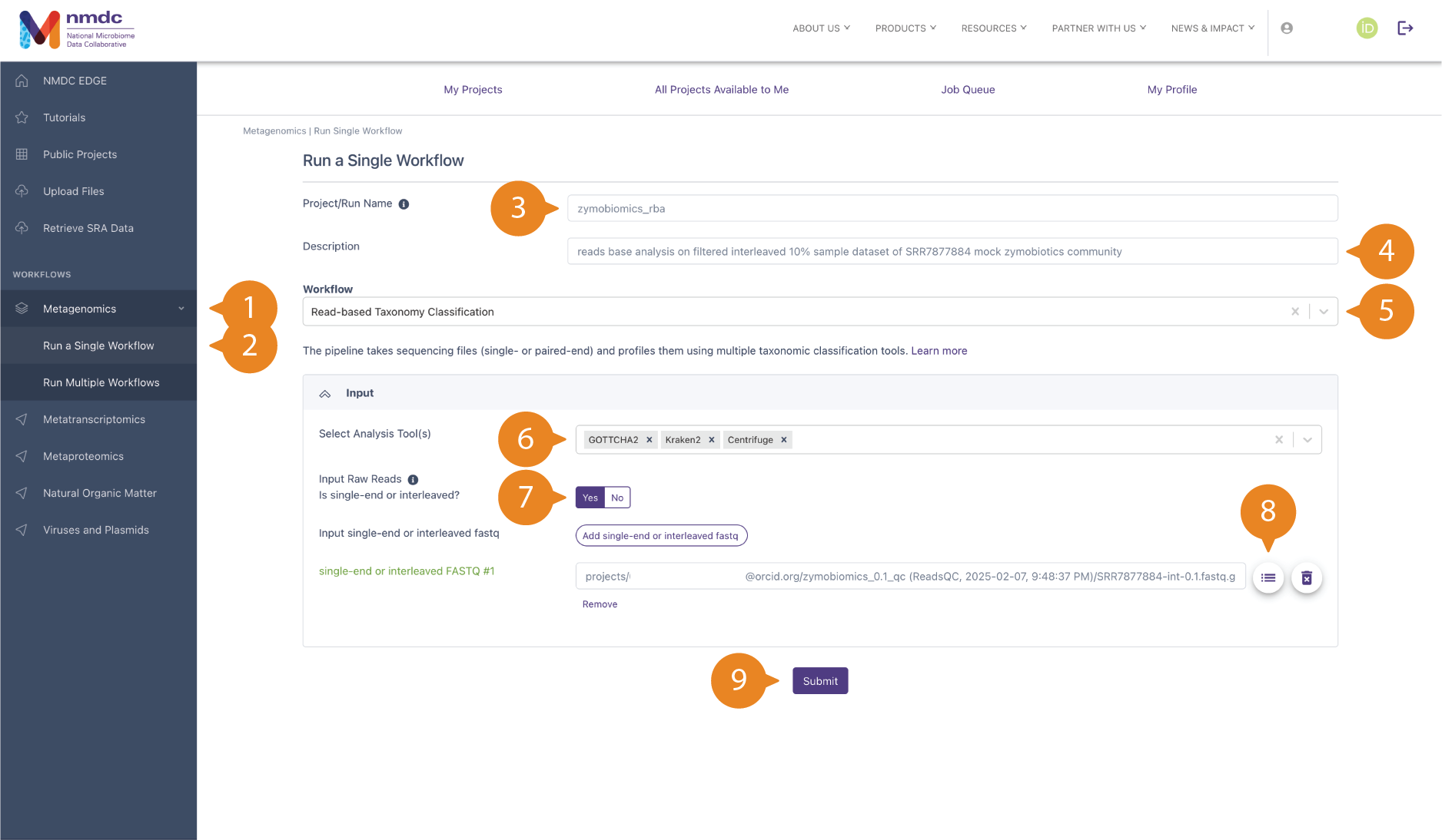 "Run a Single Workflow" page for Read-based Taxonomy Classification