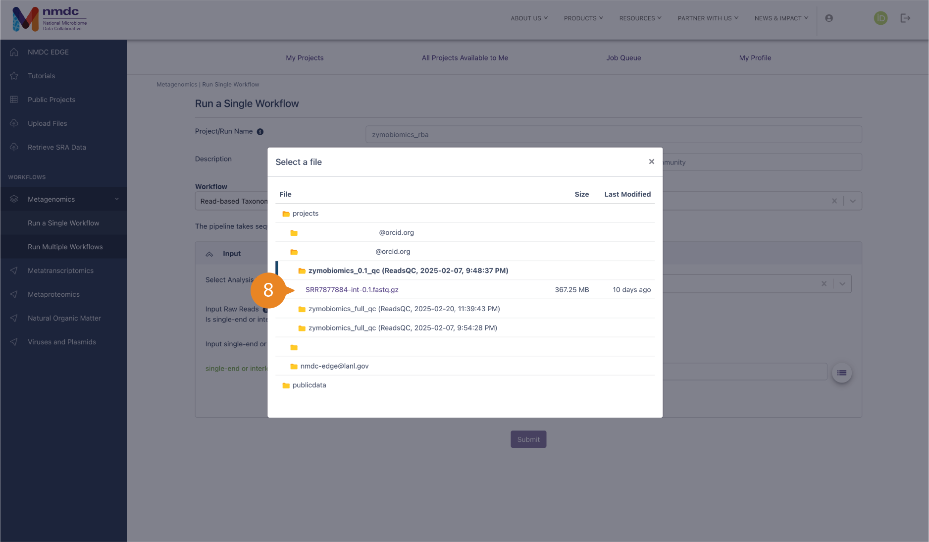 File selection showing projects that the user