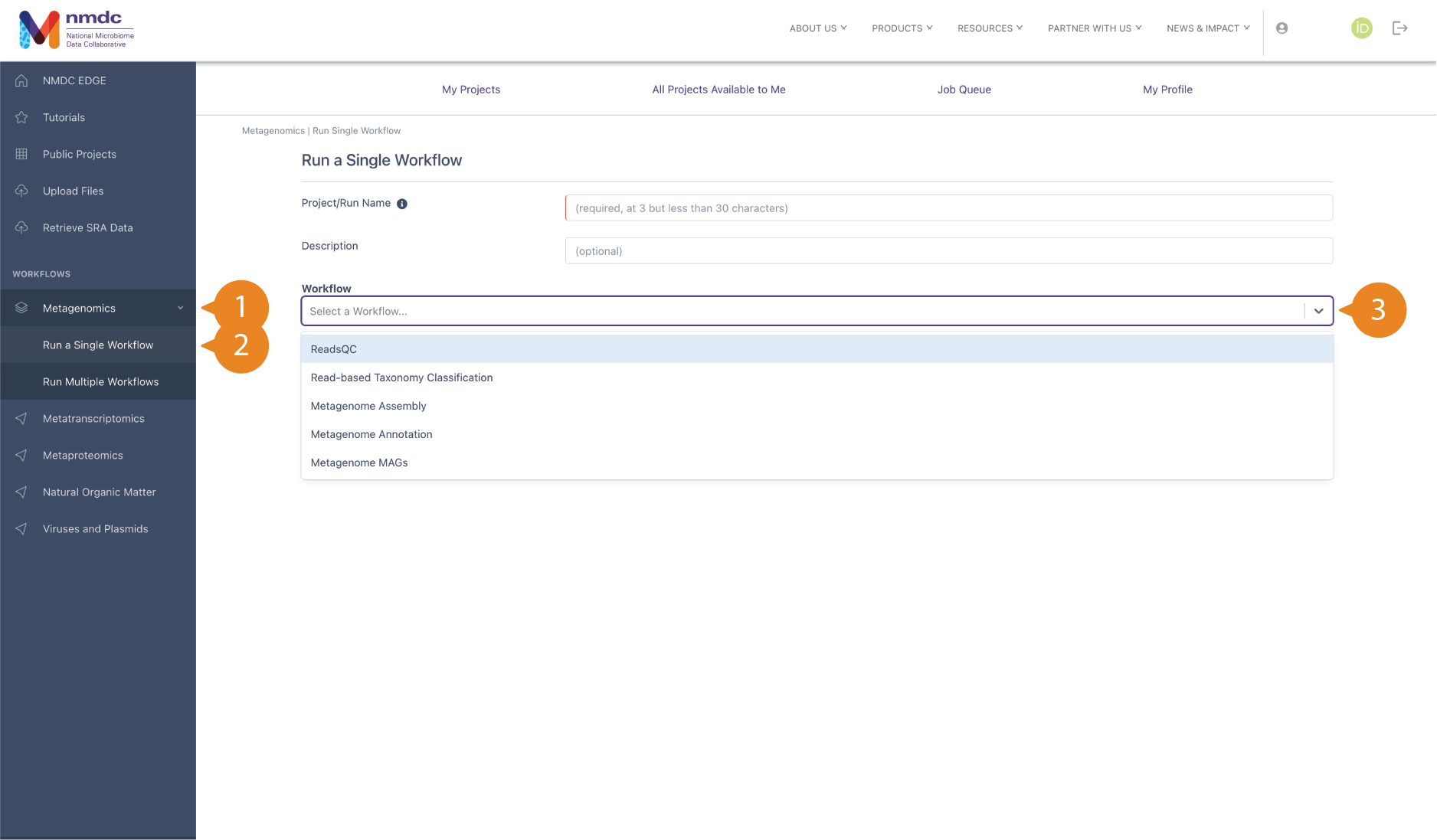 "Run a Single Workflow" page with dropdown menu listing the individual workflows available to run.