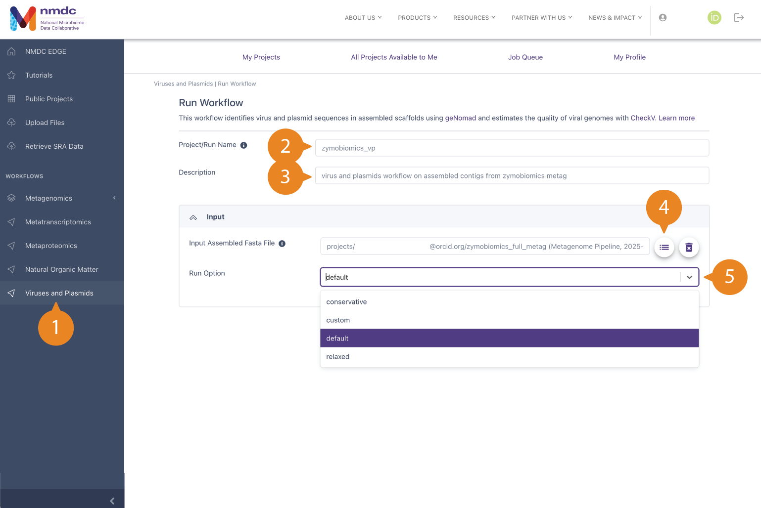Run Workflow page for Viruses and Plasmids with numbered steps and open Run Option dropdown.