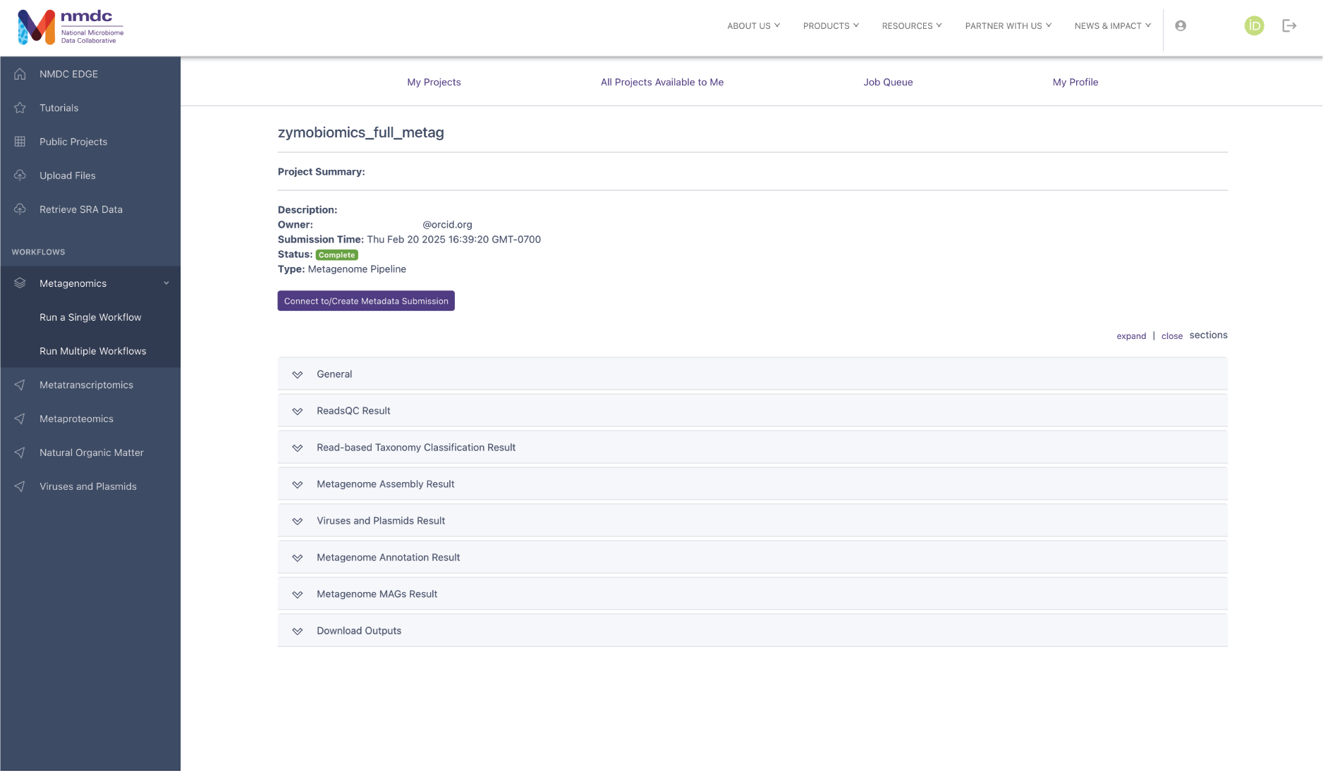 Project summary page for a full metagenomic workflow run.