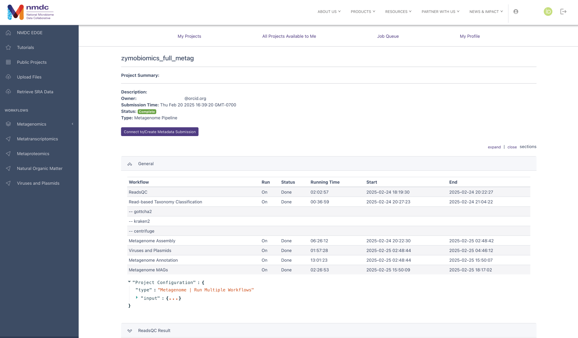 Project summary page with expanded "General" dropdown with details about the workflow run.