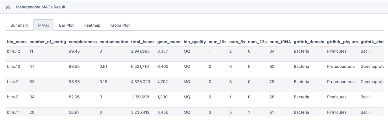 MAGs Result binning table (tab 2).