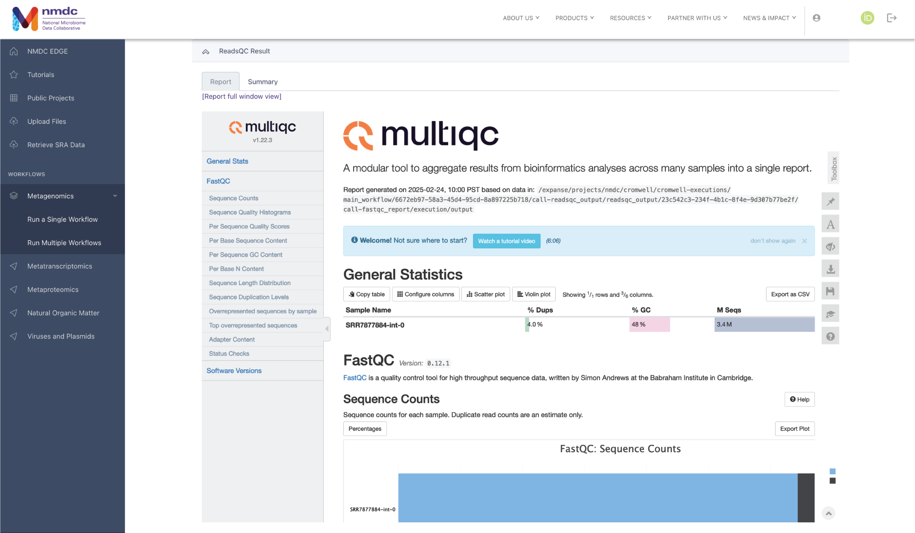 ReadsQC Result dropdown, first tab consisting of an interactive HTML area with visualizations and tables.
