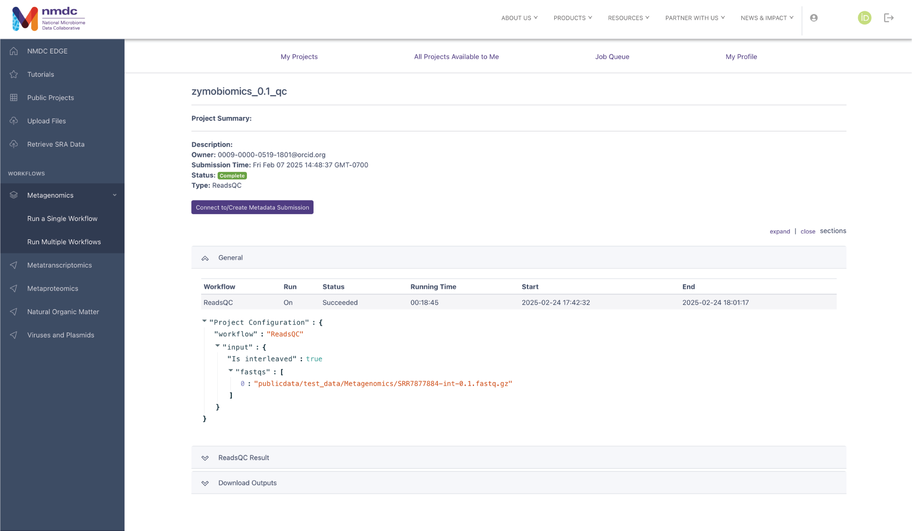 Workflow result page for a ReadsQC run via the "Run a Single Workflow" option with the "General" dropdown opened.