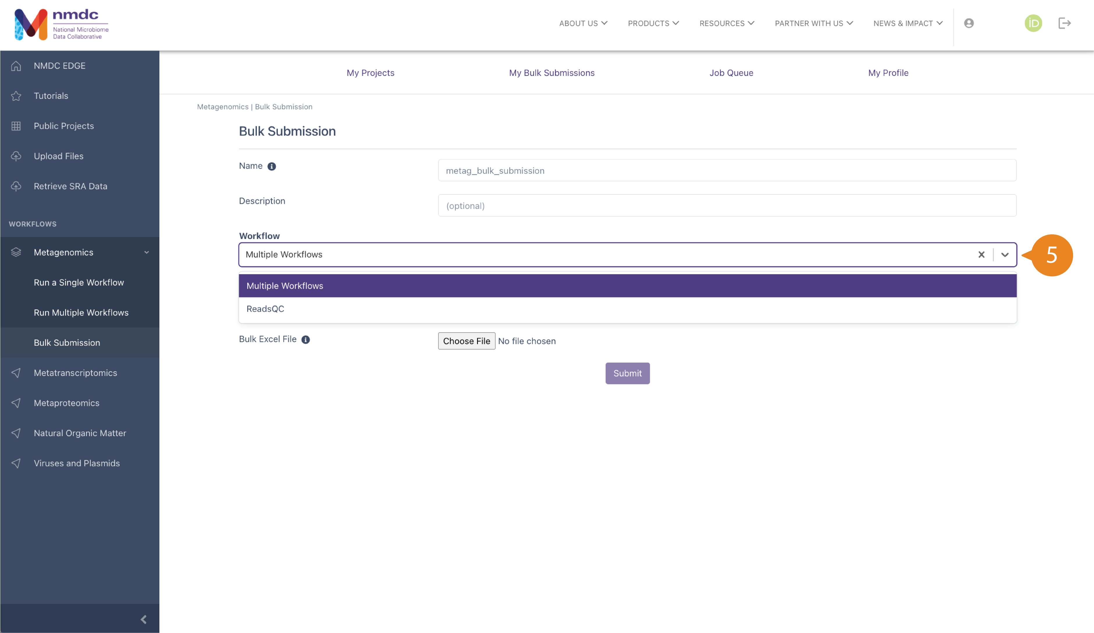 Drop-down menu with options "Multiple Workflows" or "ReadsQC".