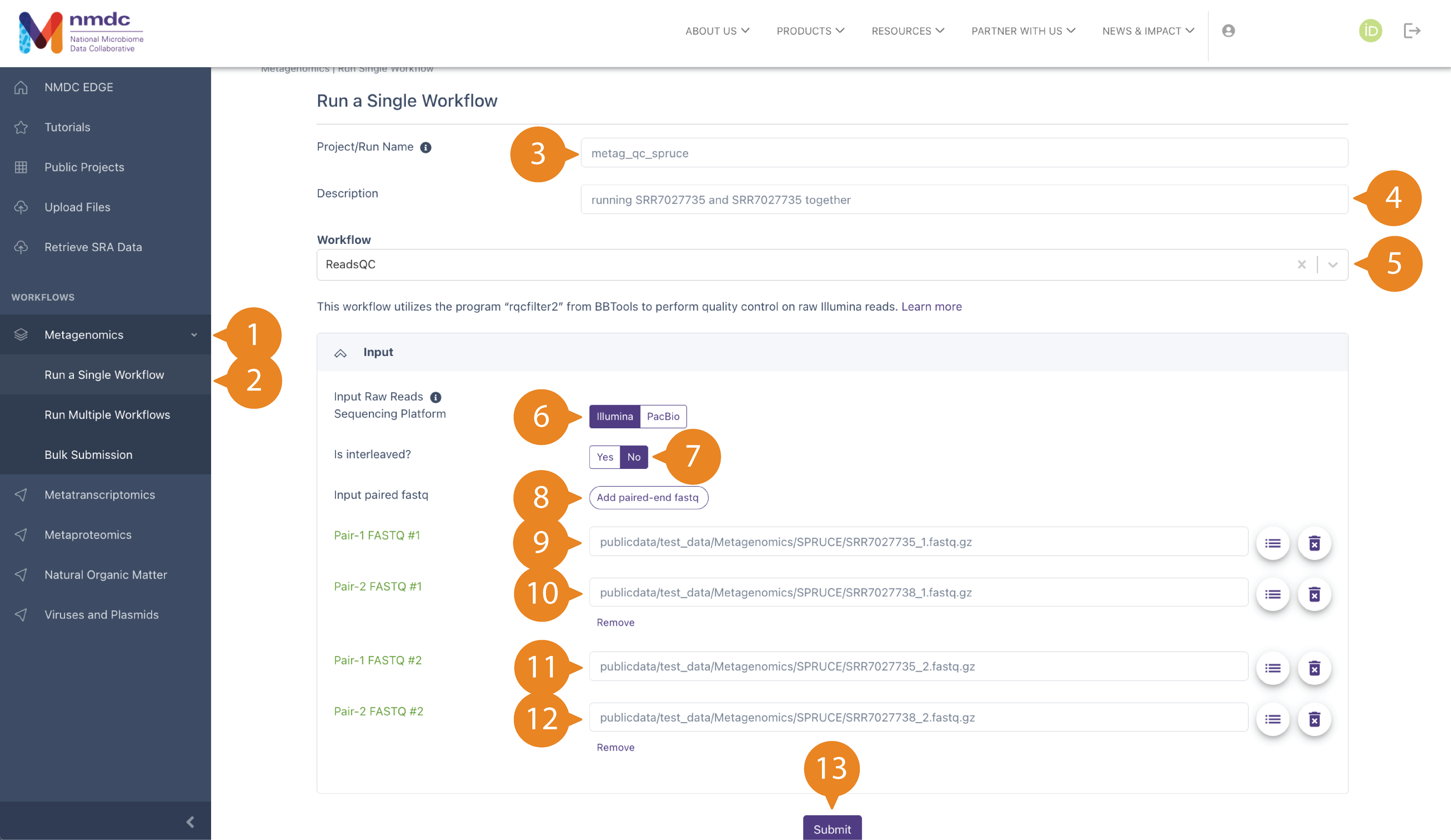 "Run a Single Workflow" page with 2 sets of paired FASTQ file inputs for ReadsQC