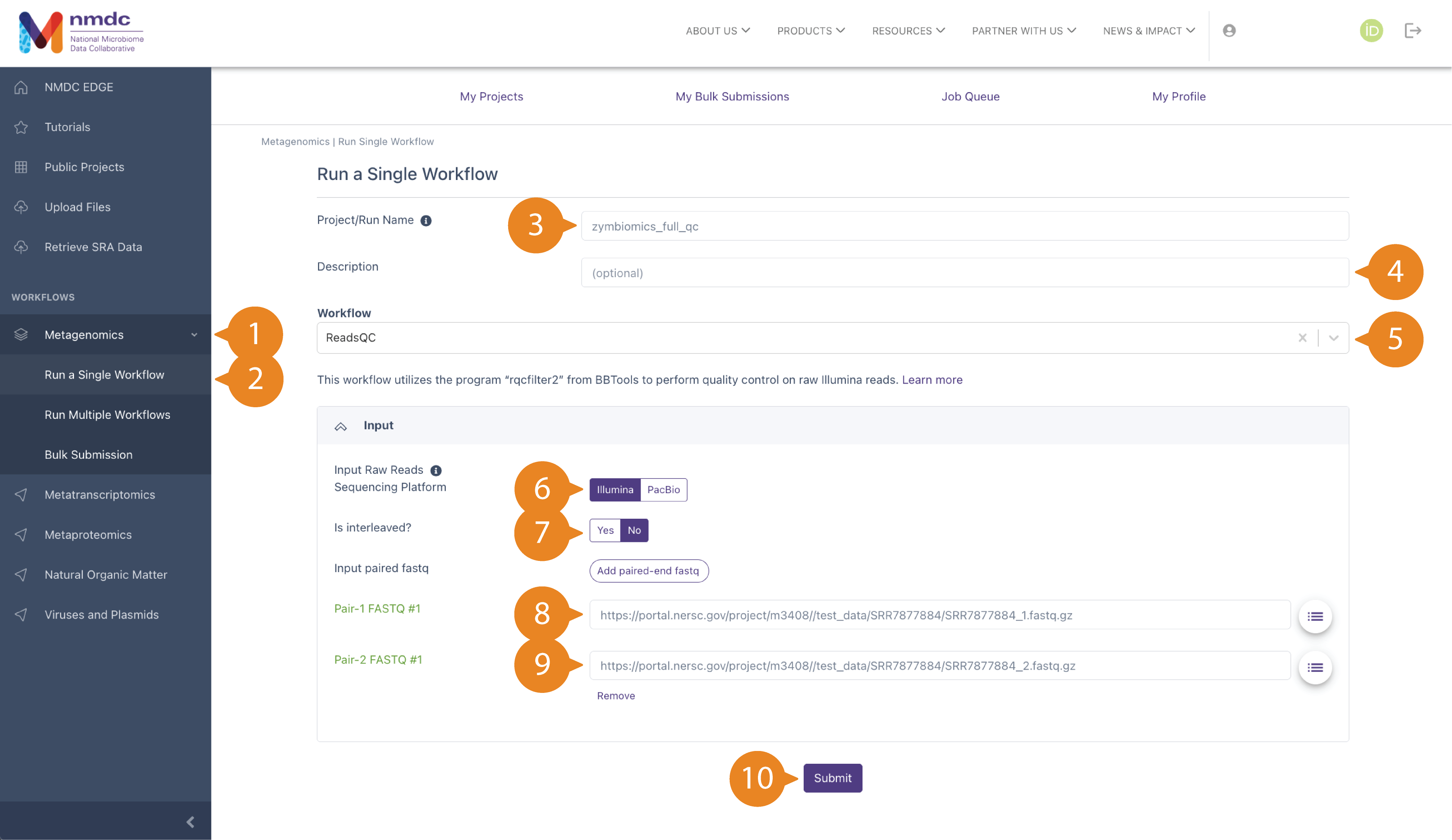 "Run a Single Workflow" page with fields filled out for a non-interleaved ReadsQC run.