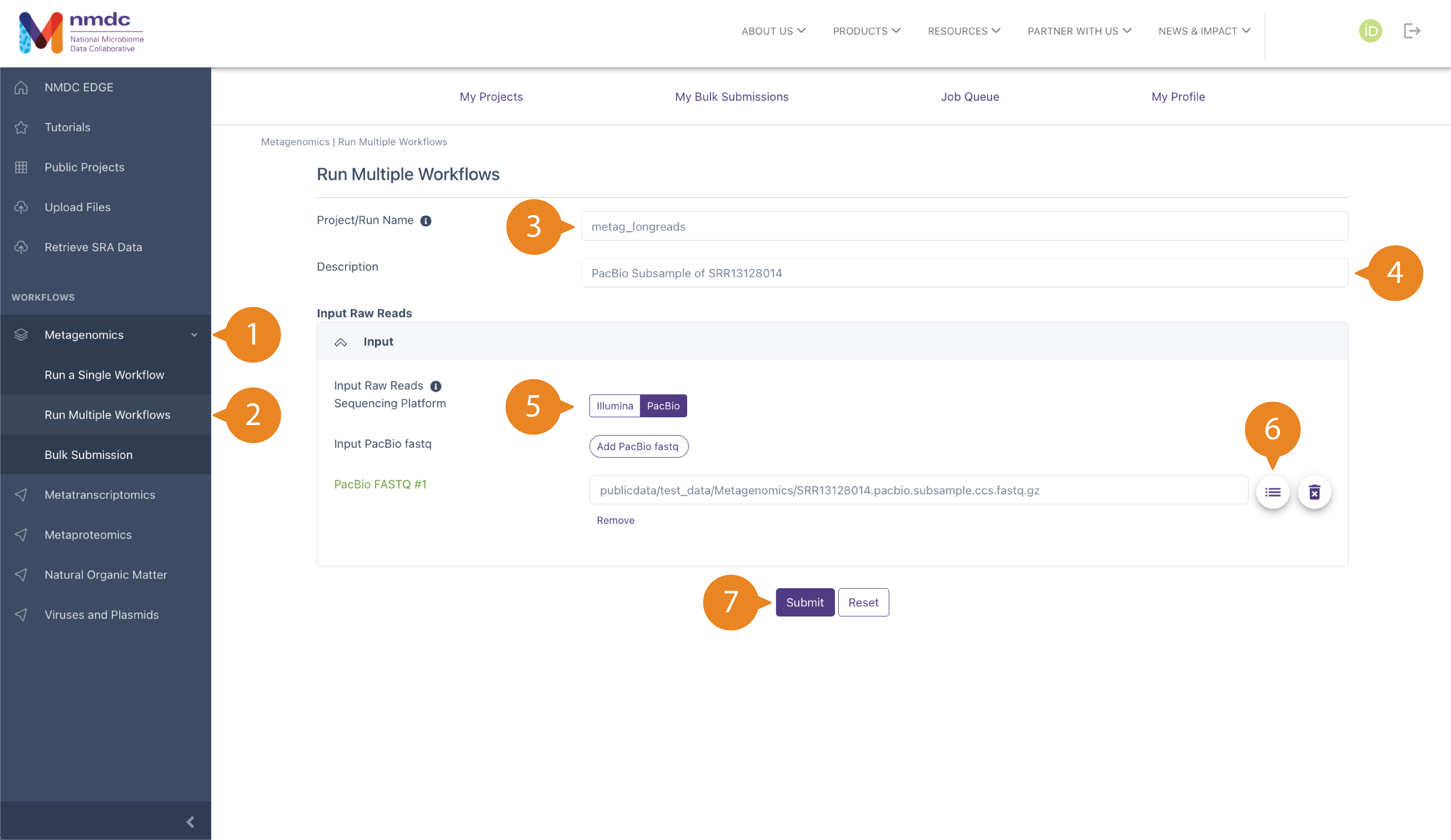 "Run Multiple Workflows" submission page with bubbles labeled 1 through 7 pointing at different clickable buttons and typeable fields