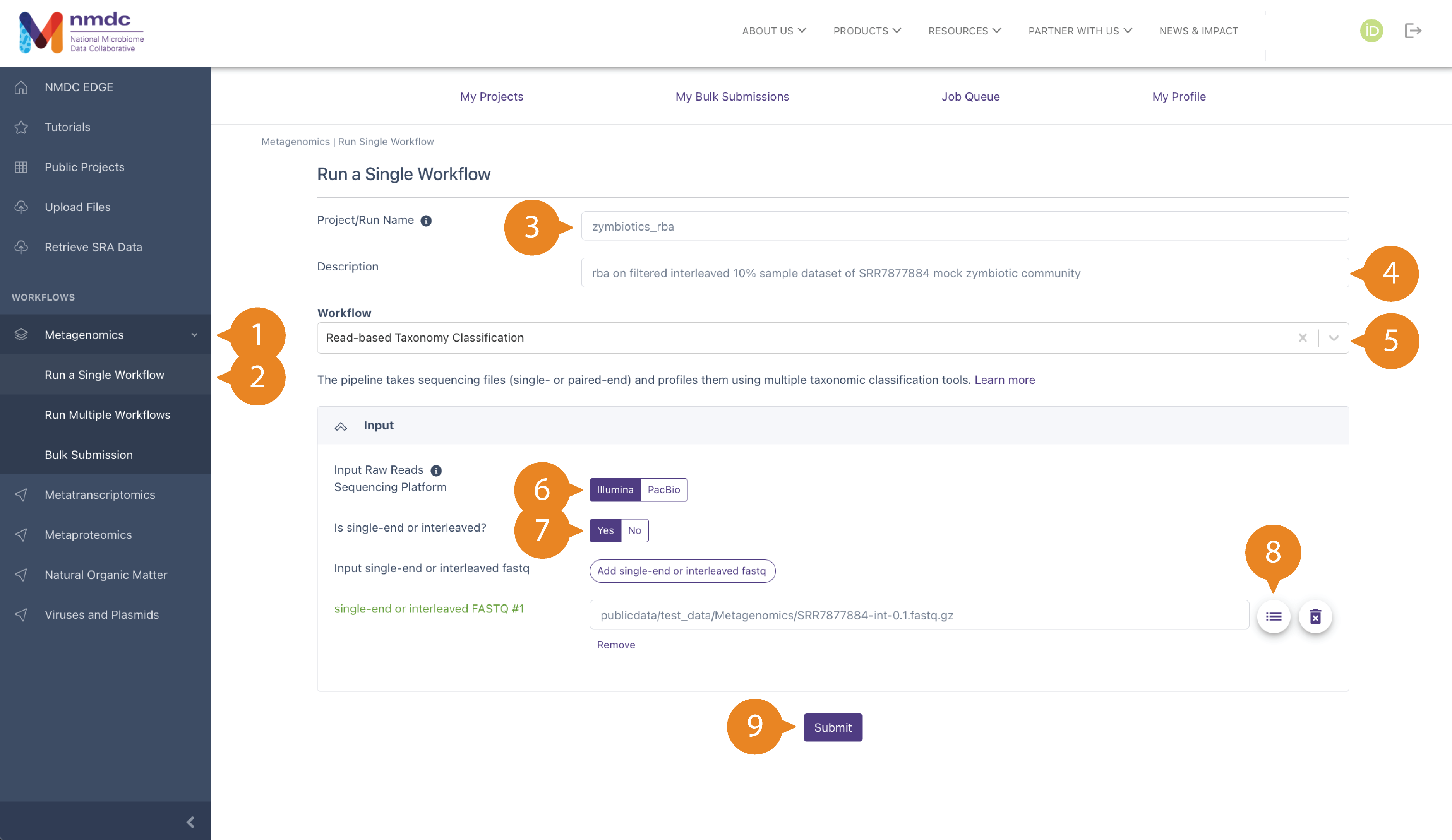 "Run a Single Workflow" page for Read-based Taxonomy Classification.