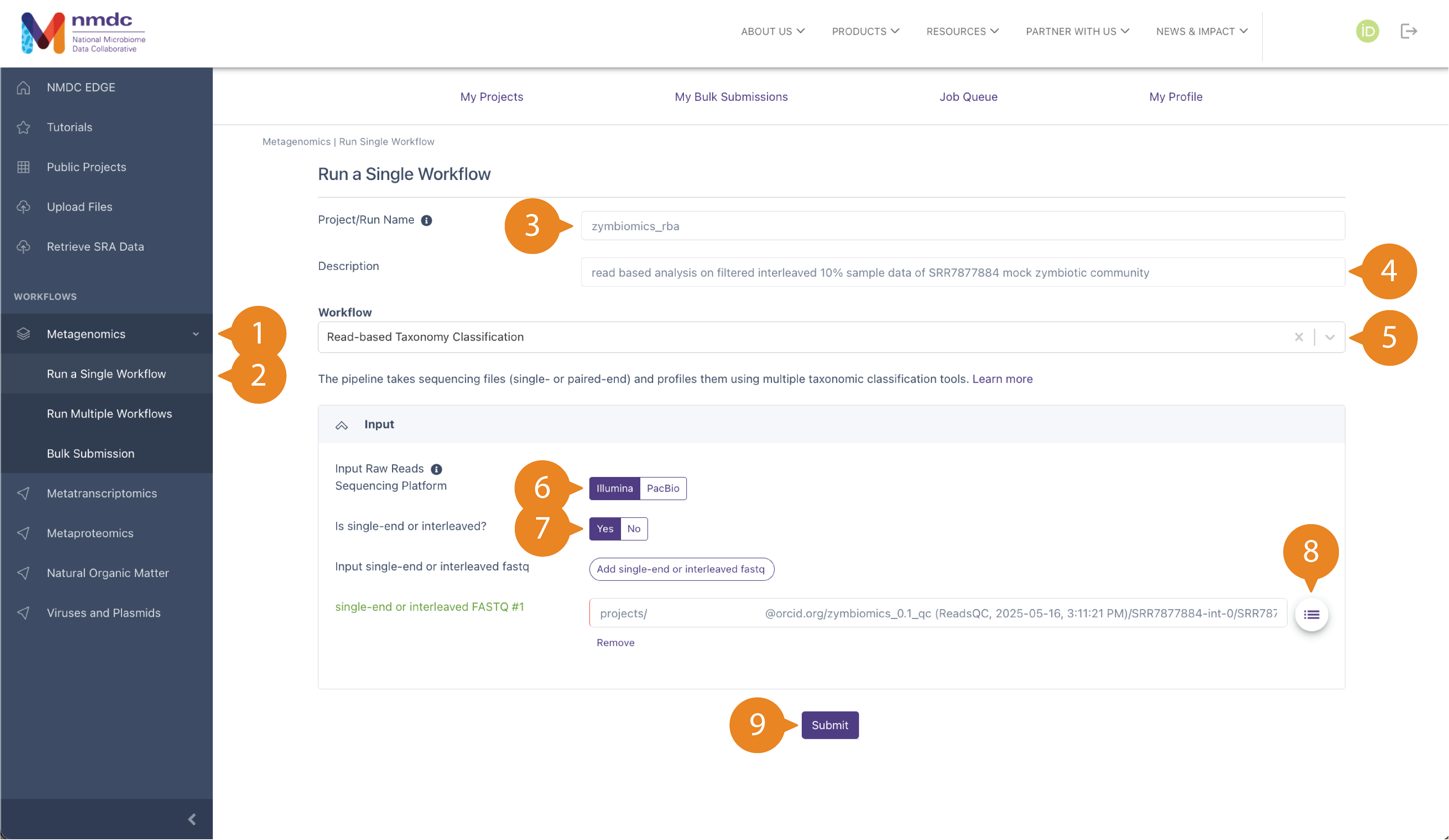 "Run a Single Workflow" page for Read-based Taxonomy Classification