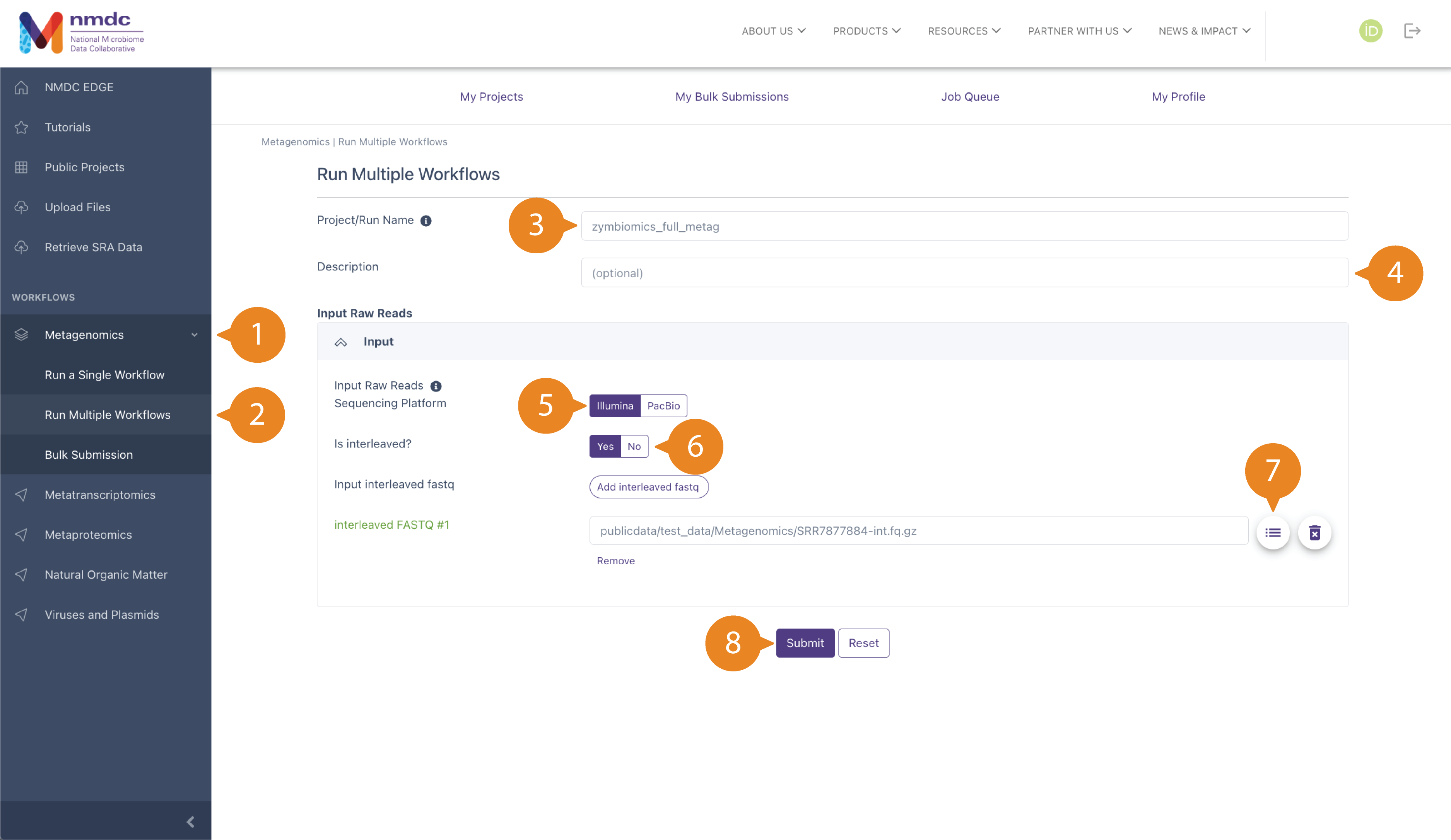 "Run Multiple Workflows" submission page for short-reads with bubbles labeled 1 through 8 pointing at different clickable buttons and typeable fields