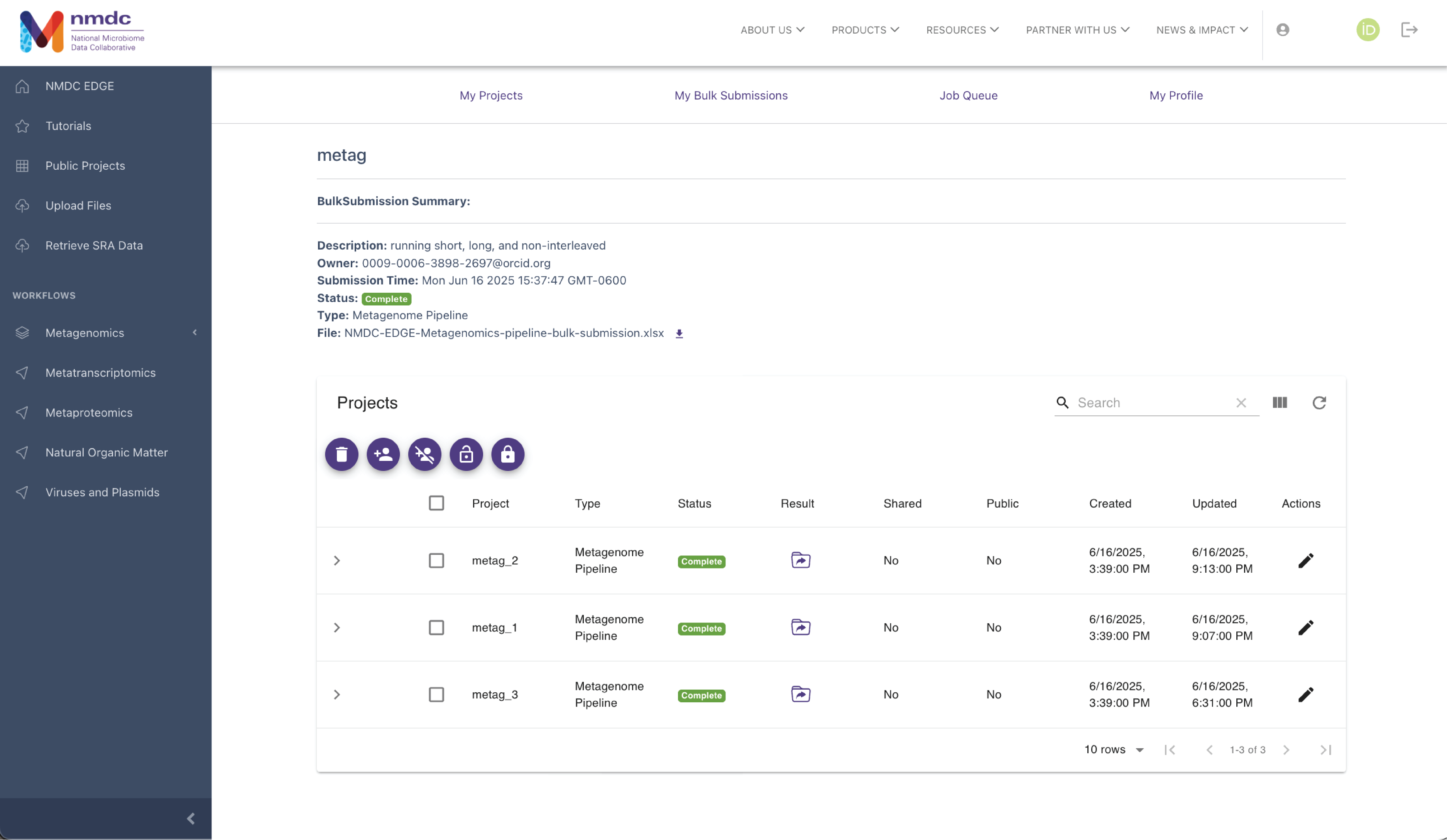 Bulk_submission summary results with individual projects listed.