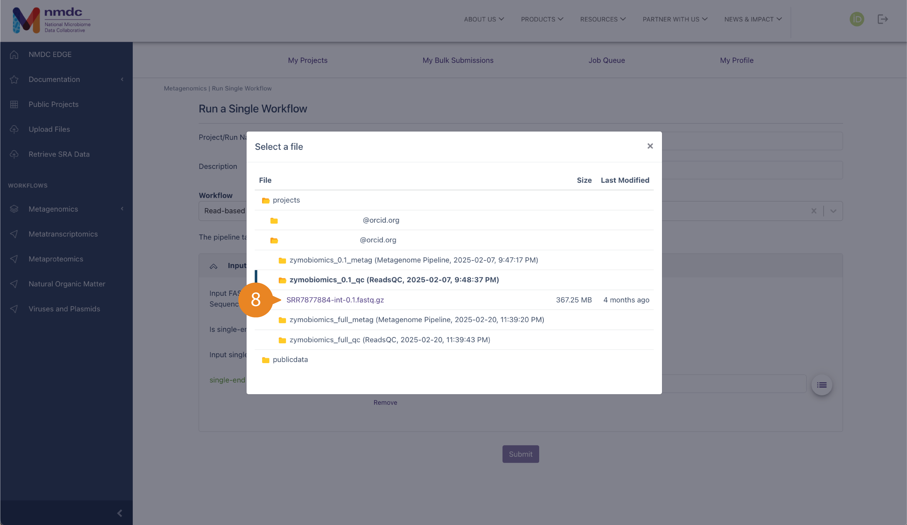 File selection showing projects that the user