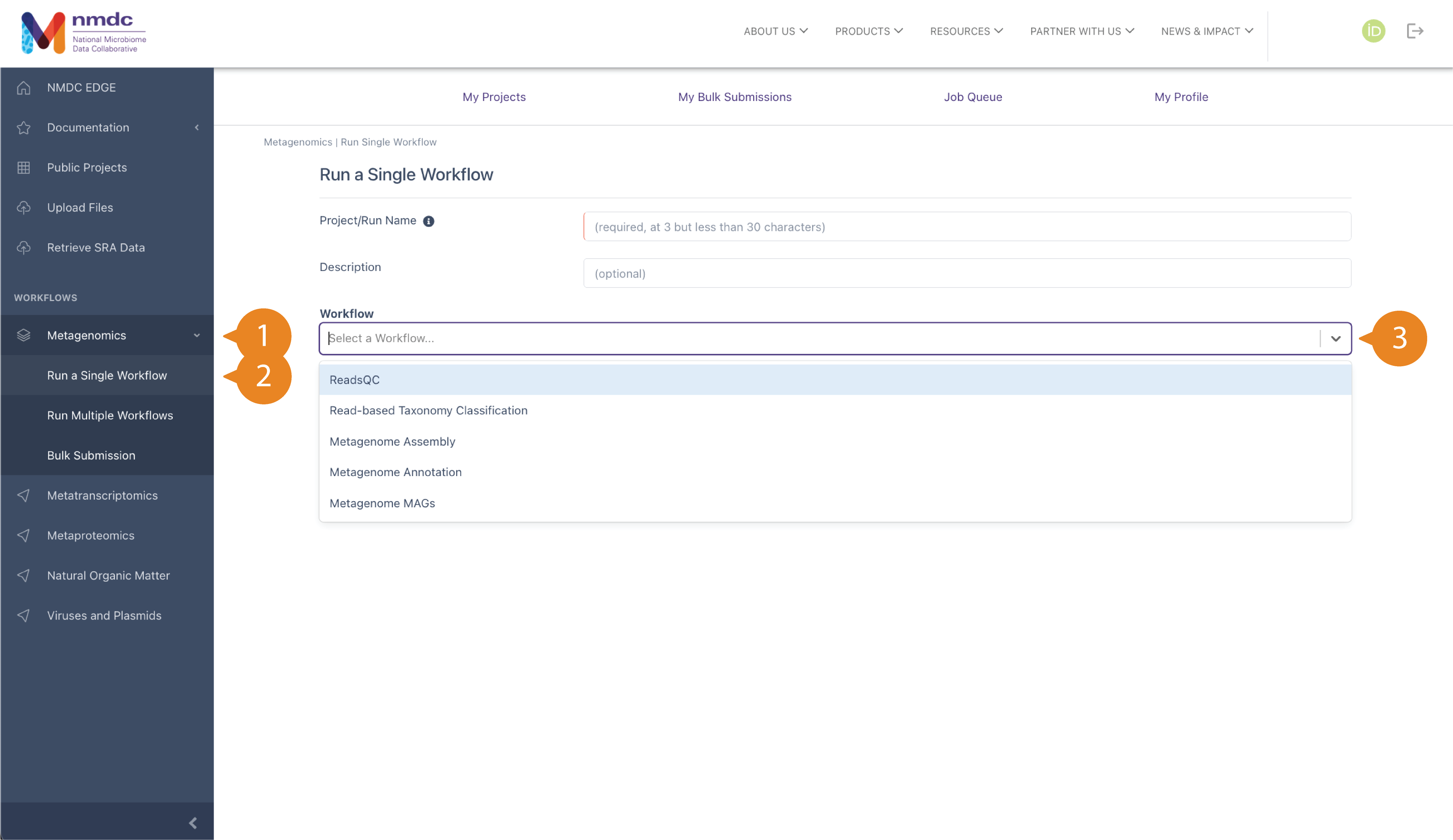 "Run a Single Workflow" page with dropdown menu listing the individual workflows available to run.
