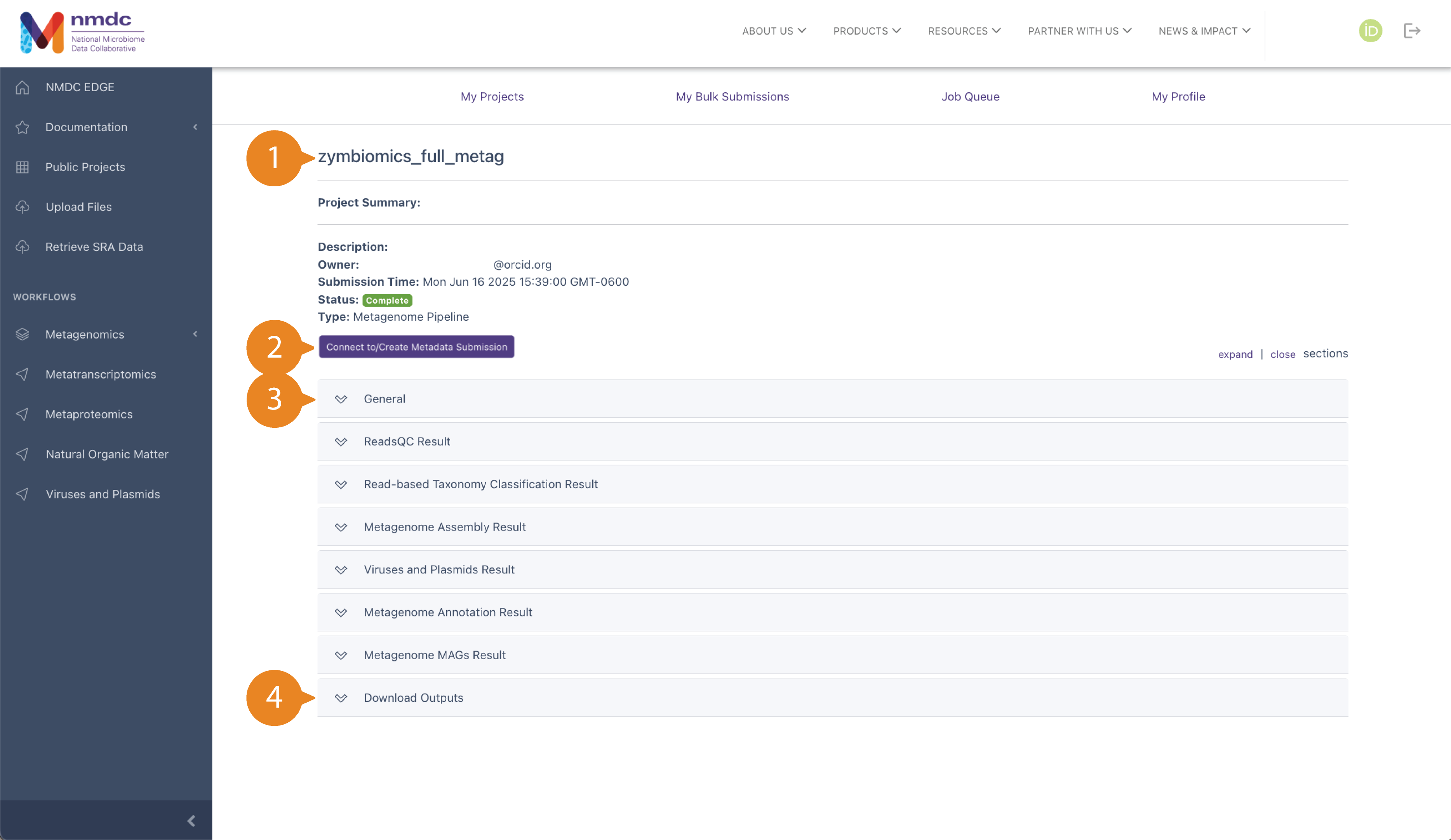 Project summary page for a full metagenomic workflow run for short-reads.