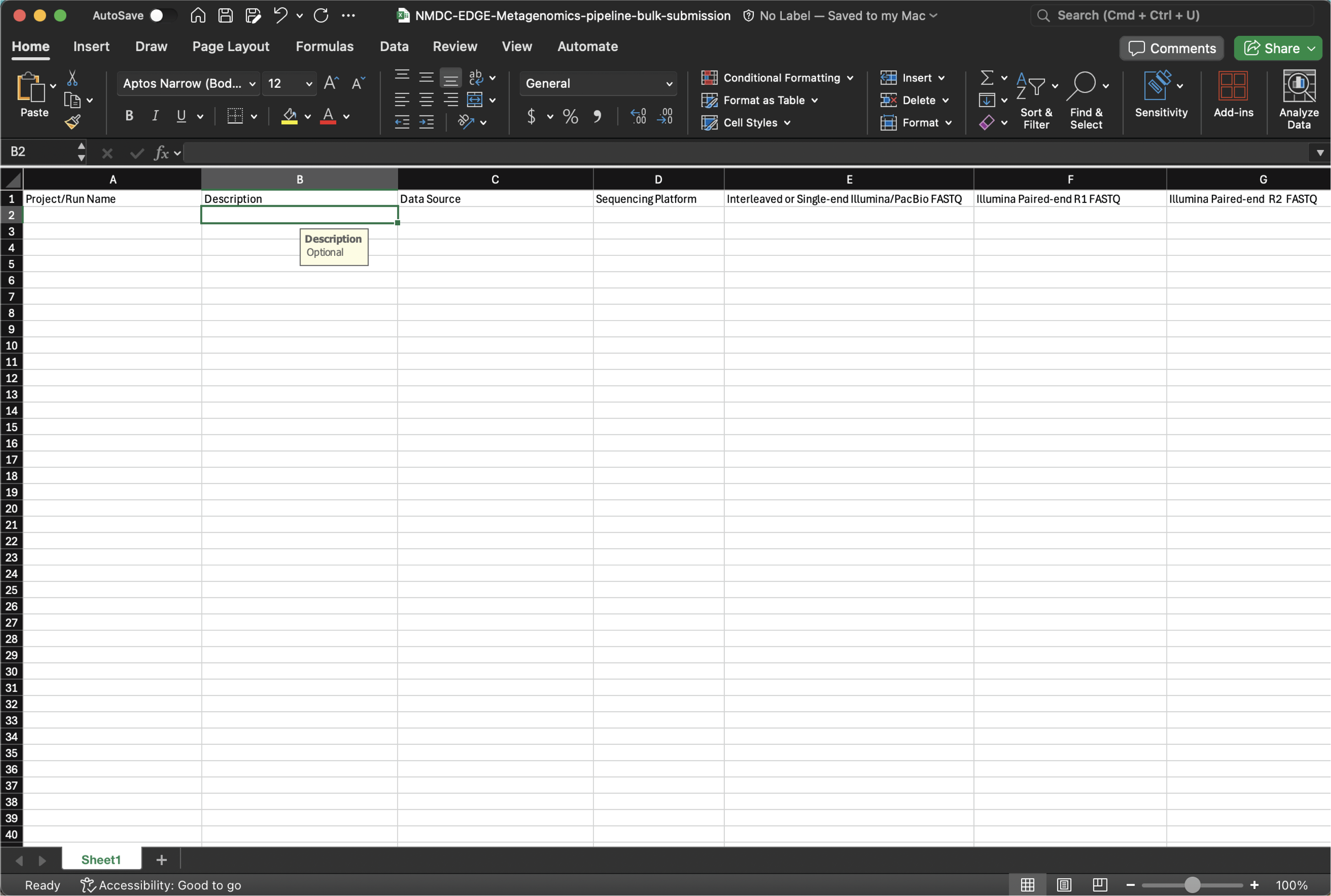 Excel Spreadsheet hovering over Description.