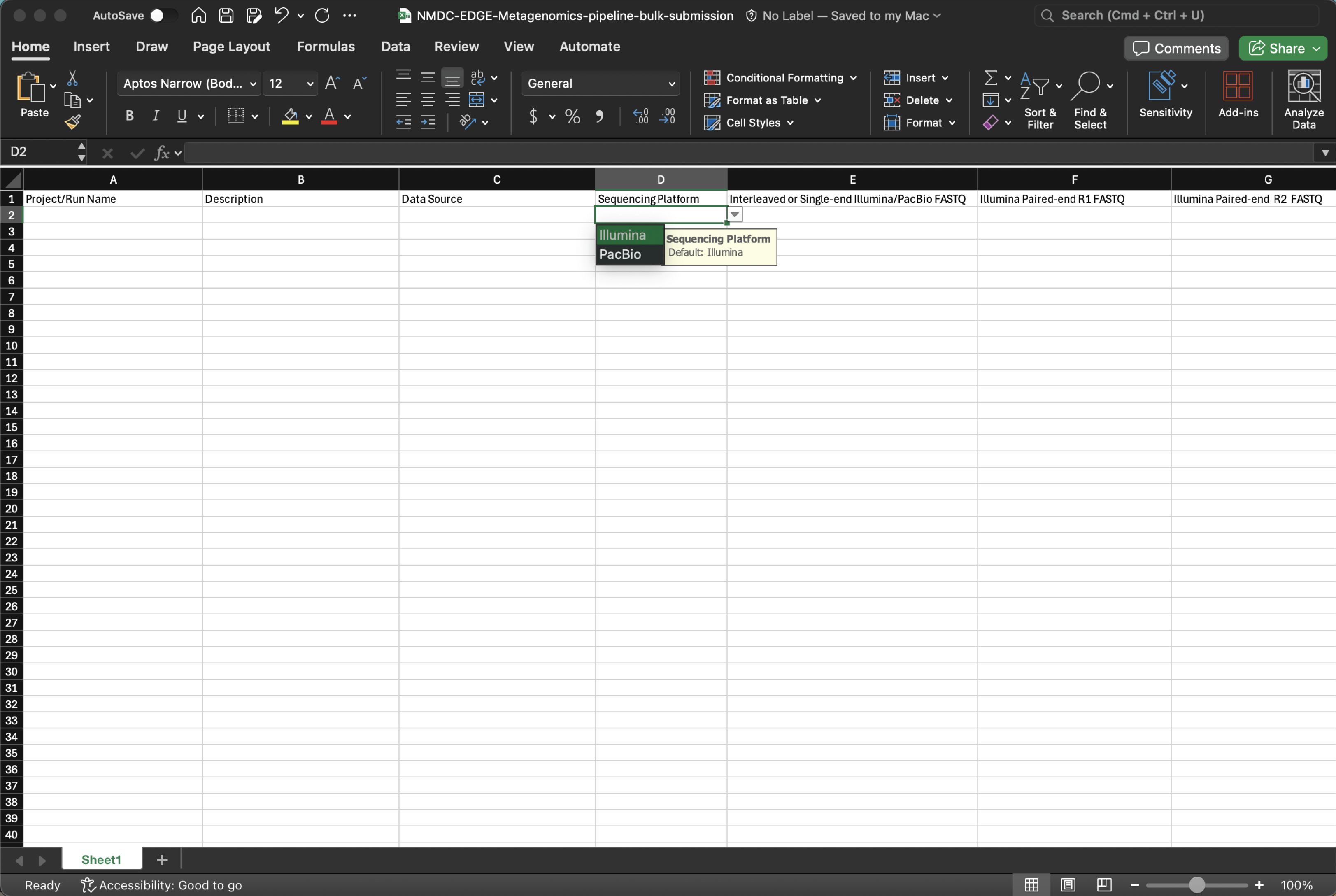 Excel Spreadsheet hovering over data type (Illumina or PacBio).