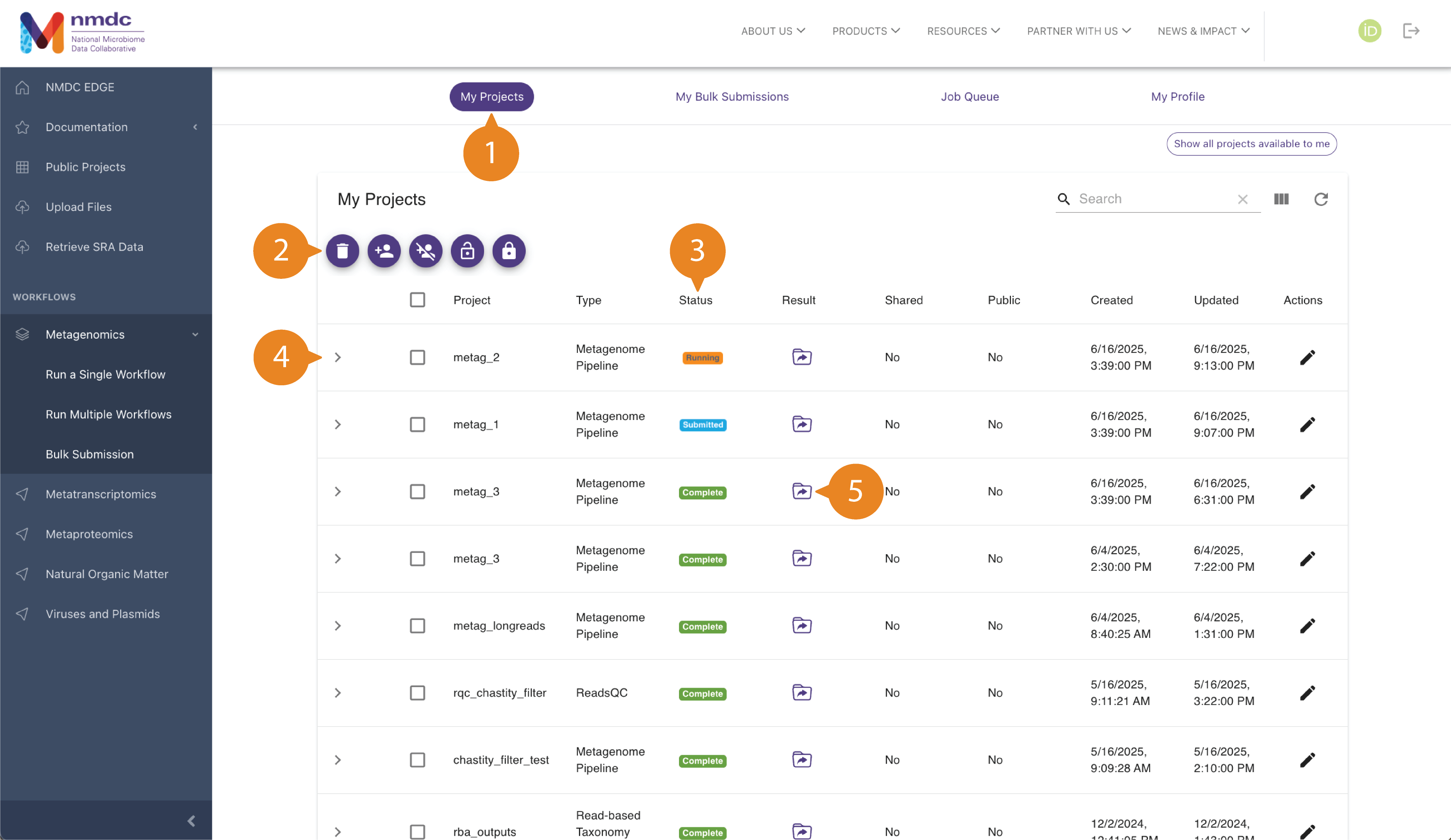 My Projects page containing a list of projects submitted by user in various run states and bubble labels for different buttons.